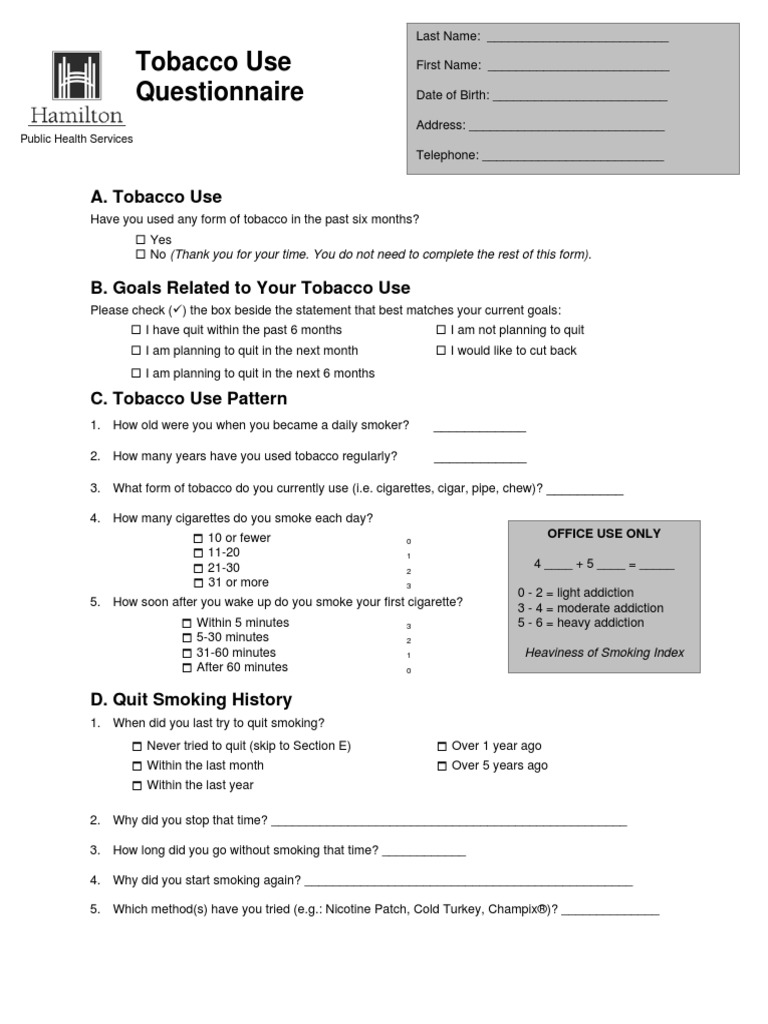 tobacco use questionnaire Appendix B3 Tobacco Use Questionnaire | PDF | Tobacco Smoking