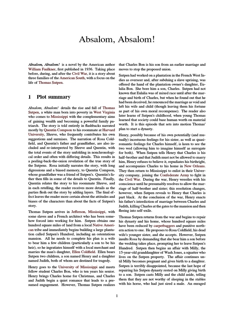Absalom Absalom Gothic Novels Slavery