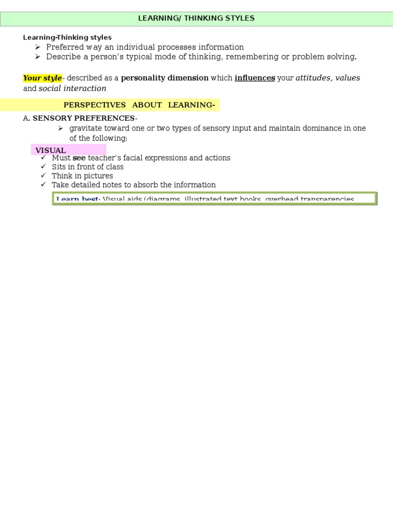 Understanding Learning-Thinking Styles | PDF | Thought | Lateralization ...
