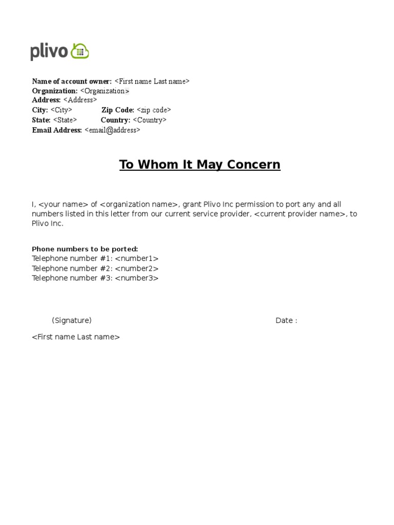 Plivo LOA Template PDF