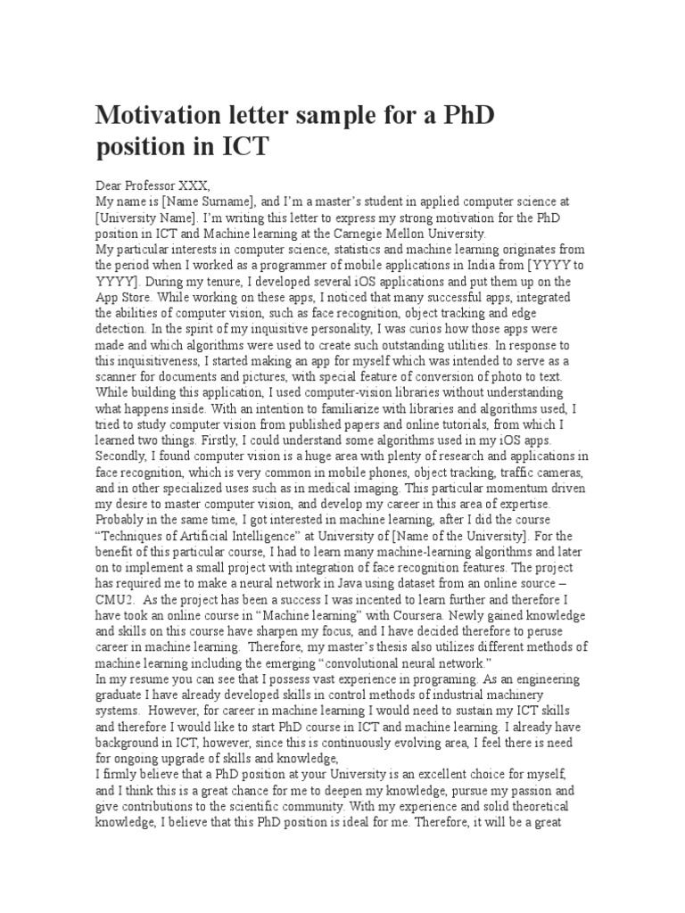 Motivation Letter Sample For A PHD Position in Ict | PDF | Machine ...