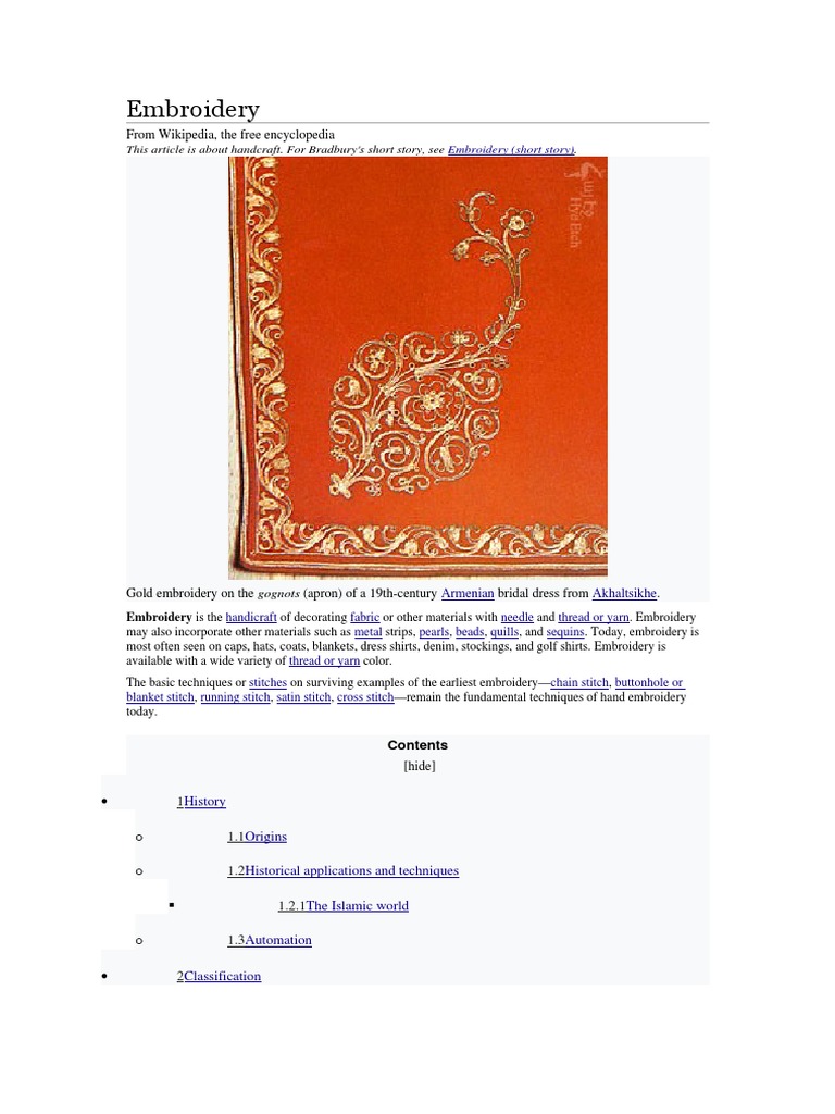Embroidery From Wikipedia, The Free Encyclopedia PDF Embroidery