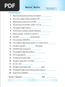 Mental Maths Mental Maths: Worksheet-1 Fill in The Blanks