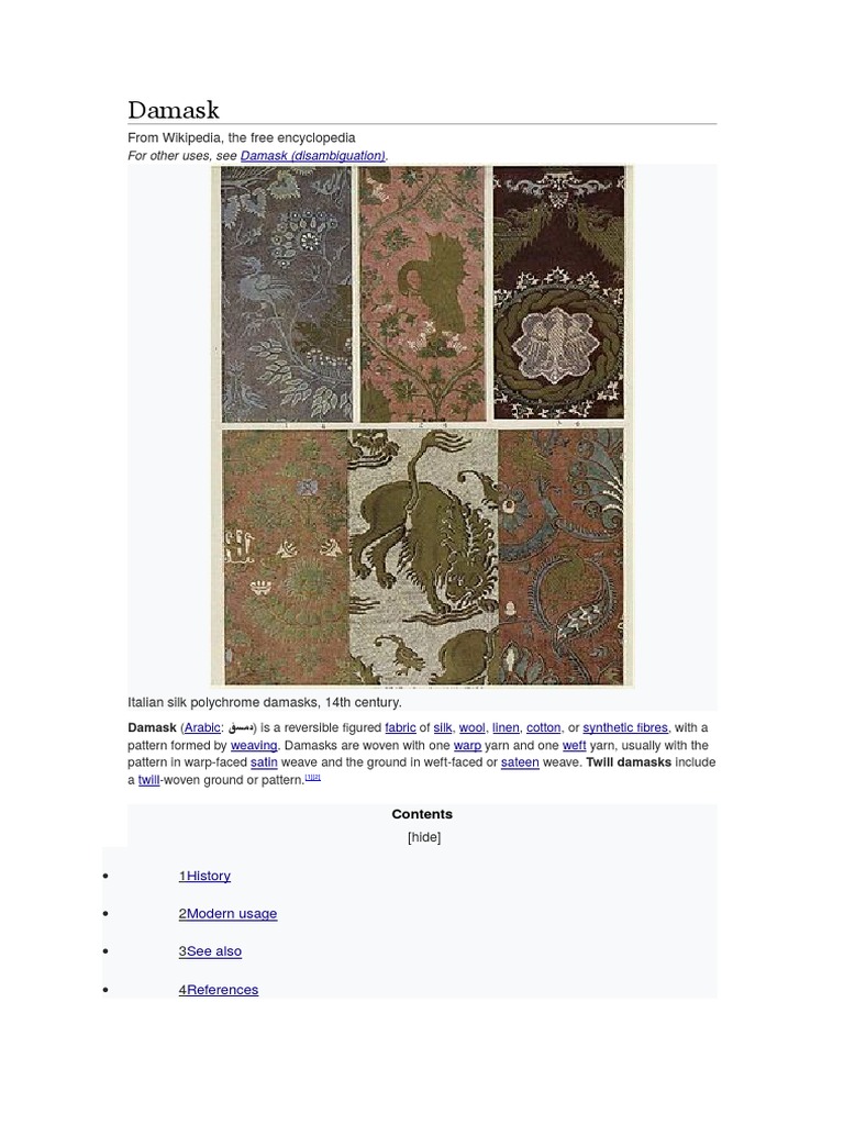 Damask From Wikipedia, The Free Encyclopedia PDF Weaving