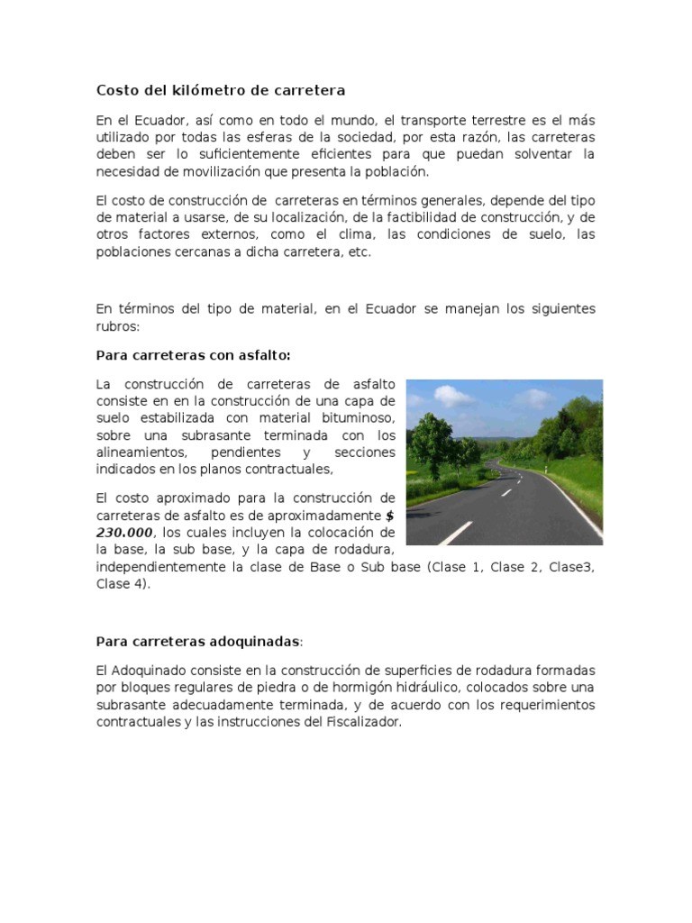 Cuanto Cuesta Asfaltar Un Kilómetro De Carretera Costo Del Kilometro de Carretera en El Ecuador | PDF