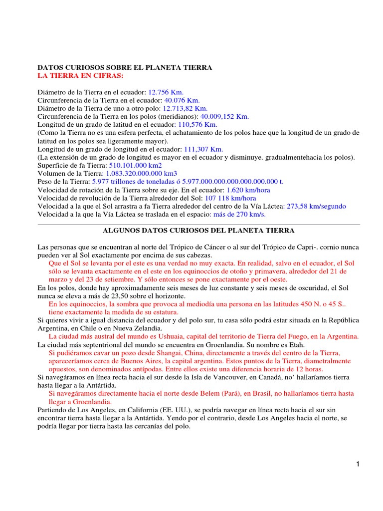Datos Curiosos Sobre El Planeta Tierra PDF | PDF | Ecuador | Tierra