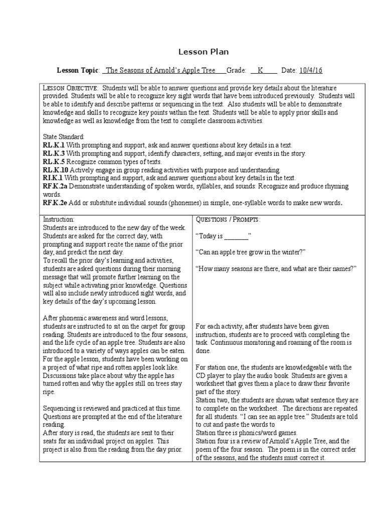 Lesson Plan Lesson Topic The Seasons of Arnold's Apple Tree PDF