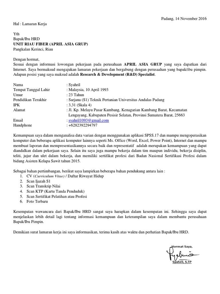 Surat Lamaran April Asia
