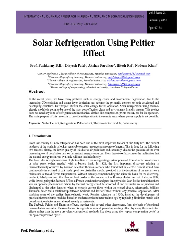 Solar Refrigeration Using Peltier Effect: A Review of Thermoelectric ...