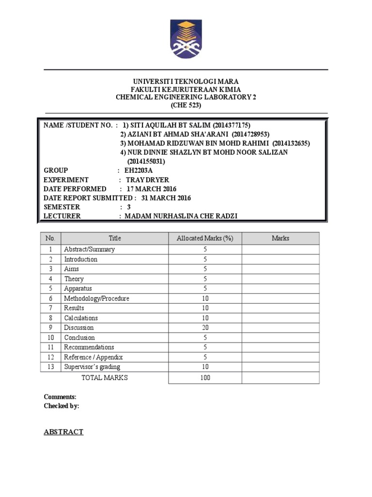 LAB 1 TRAY DRYER P3.docx Heat Transfer Chemical Engineering