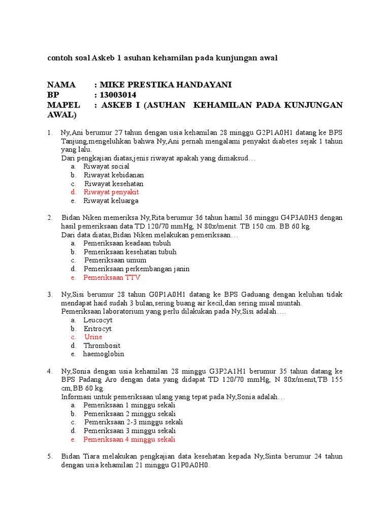 Contoh Soal Askeb 1 Asuhan Kehamilan Pada Kunjungan Awal