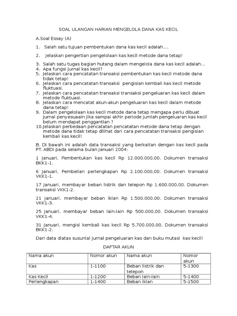 Soal Ulangan Harian Kas Kecil