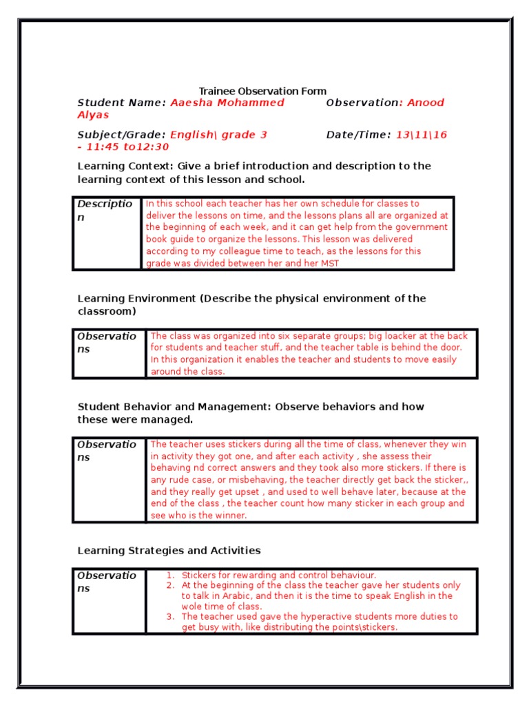 Trainee Observation Form 1 | PDF | Learning Styles | Teachers