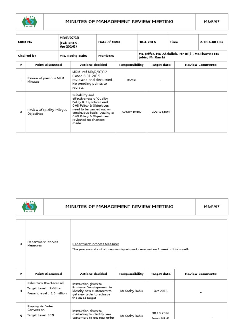 Management Review Meeting Minutes April 2016 | PDF