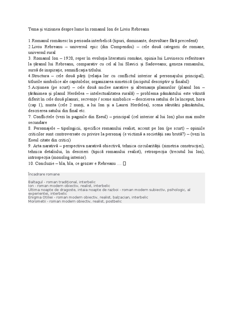 Tema ?i Viziunea Despre Lume În Romanul Ion de Liviu Rebreanu (1)