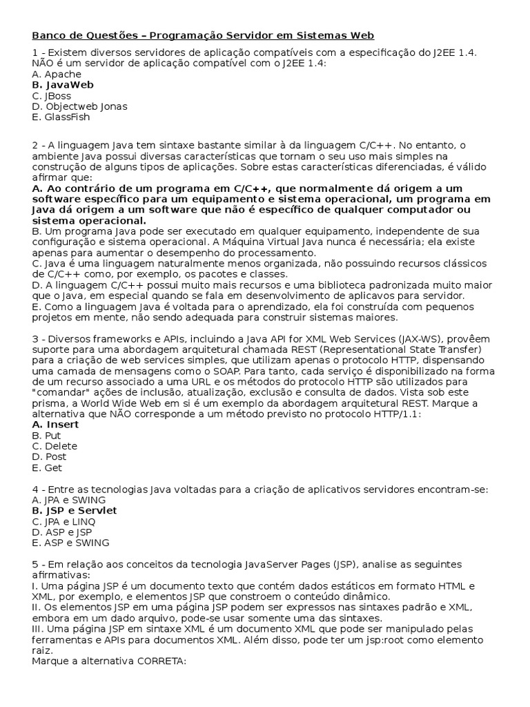 Questões sobre Programação em Java EE | PDF | Páginas do servidor Java ...