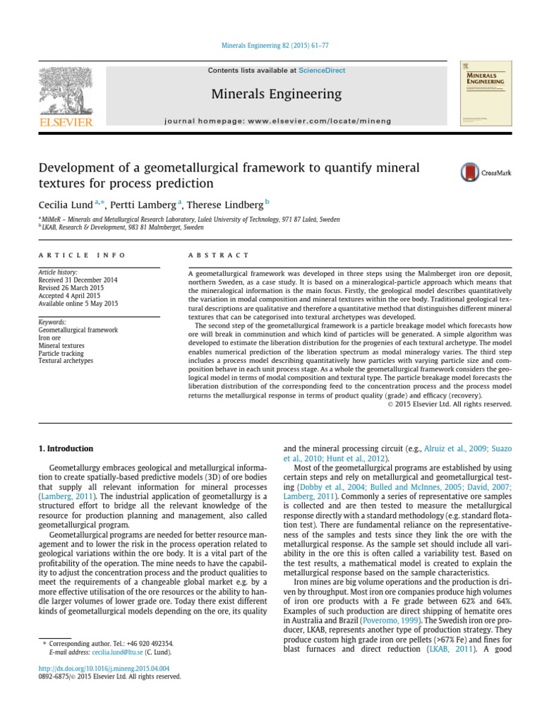 Lund Et Al 2015. Development of A Geometallurgical Framework To ...