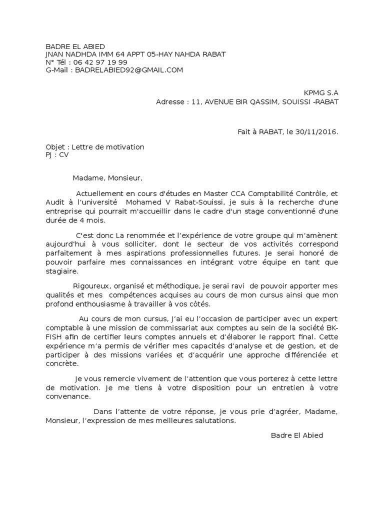Lettre De Motivation Stage Audit Kpmg  Richard Torres ejemplo de carta