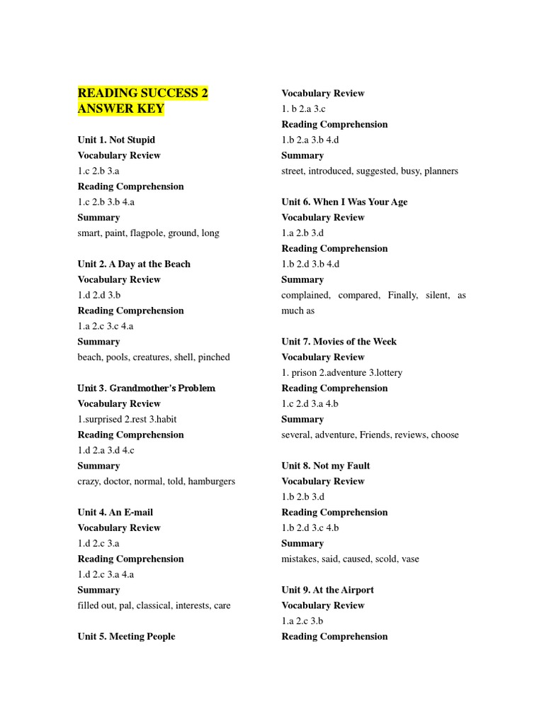 Reading Success 2answer Pdf Reading Comprehension Reading Process