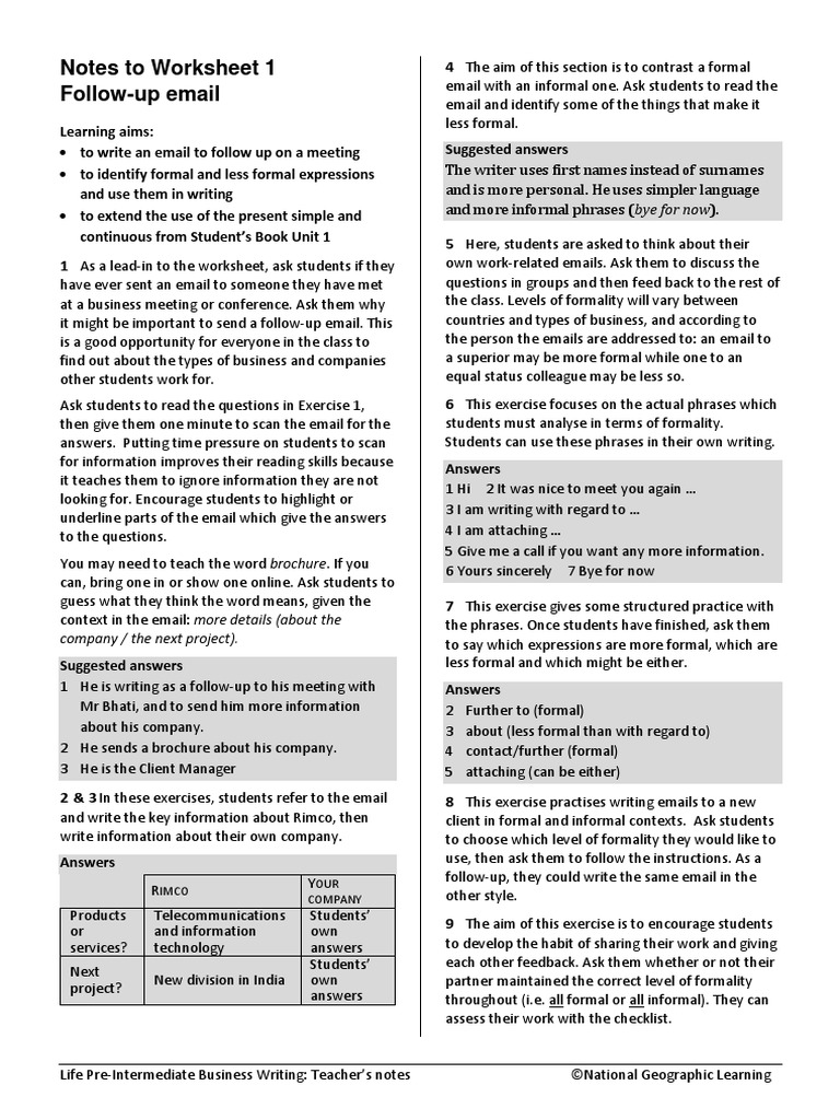 Notes To Worksheet 1 Follow-Up Email: Company / The Next Project) | PDF