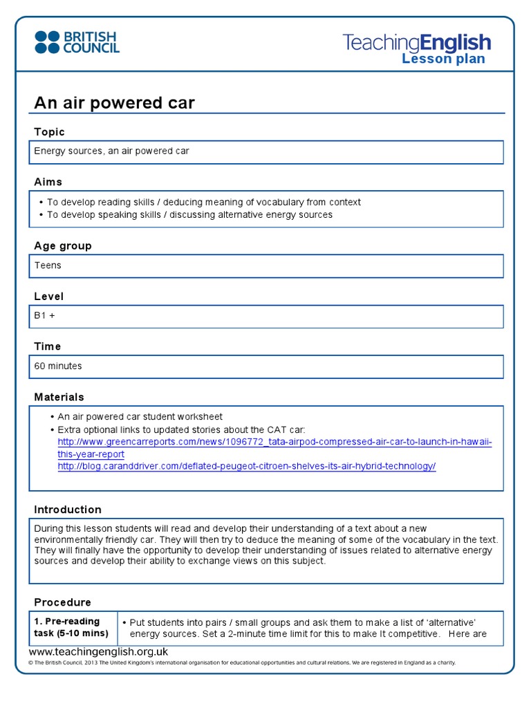 Air Powered Car Lesson Plan | PDF | Lesson Plan | Reading (Process)