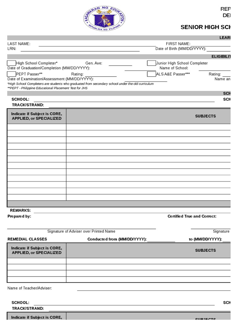 DepEd Official Form 137SHS 2016 Curriculum Science