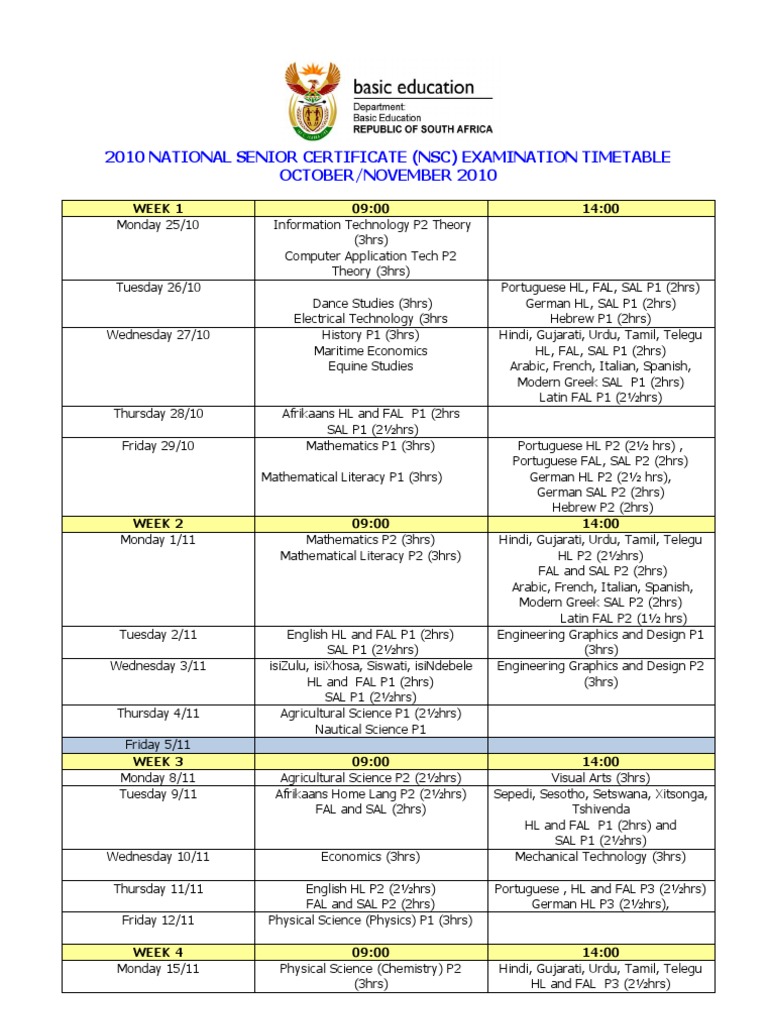 Final November 2010 NSC Exam Timetable PDF