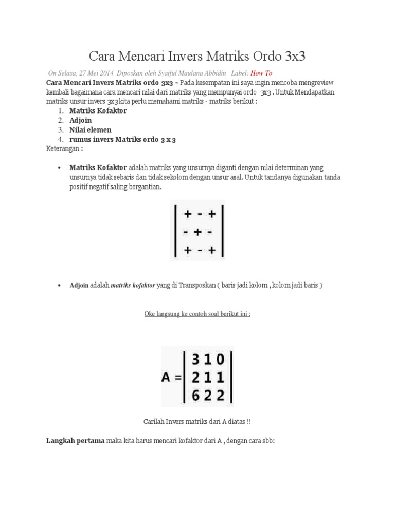 Cara Mencari Invers Matriks Ordo 3x3