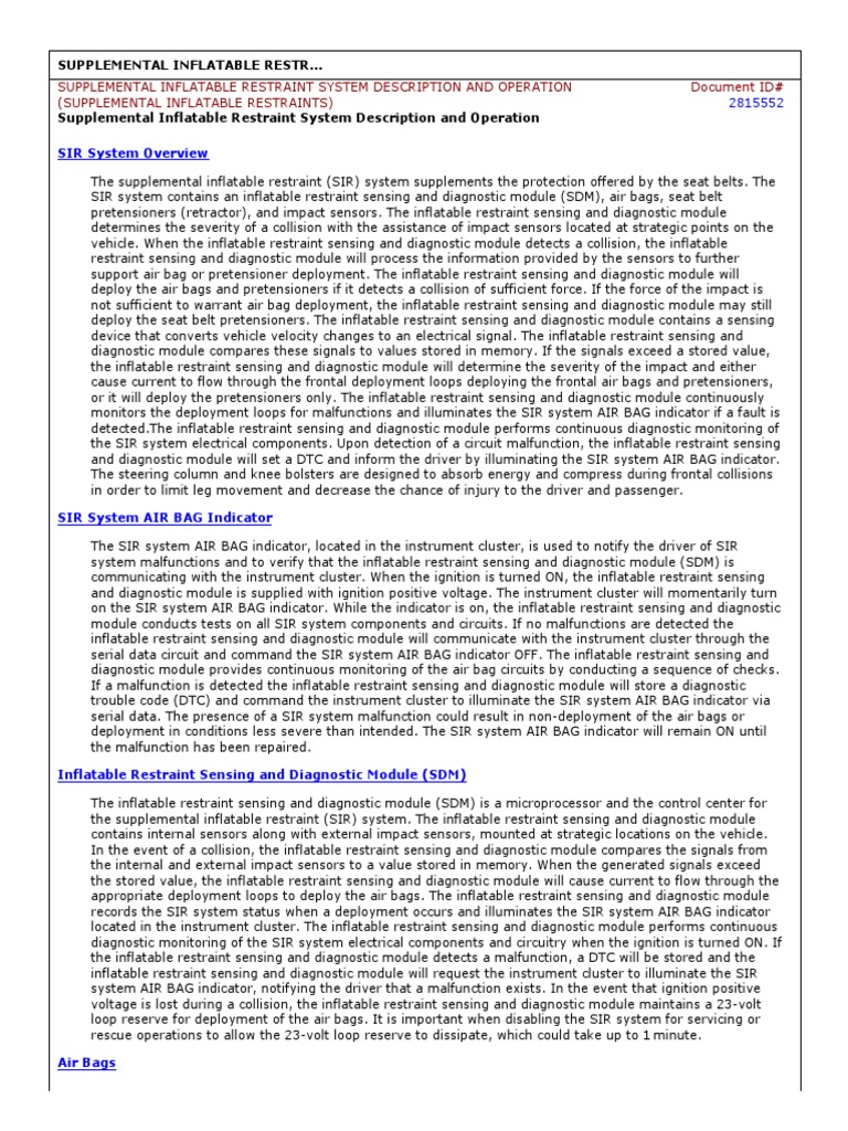 Sir System Desc | PDF | Airbag | Seat Belt