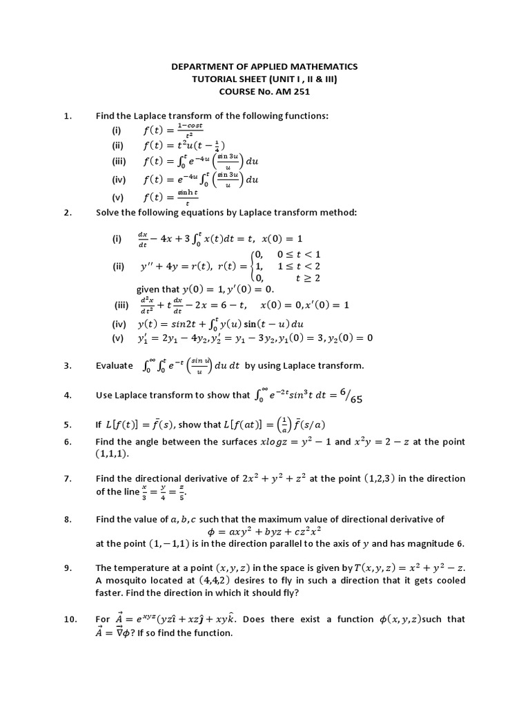 Department of Applied Mathematics Tutorial Sheet (Unit I, Ii & Iii ...
