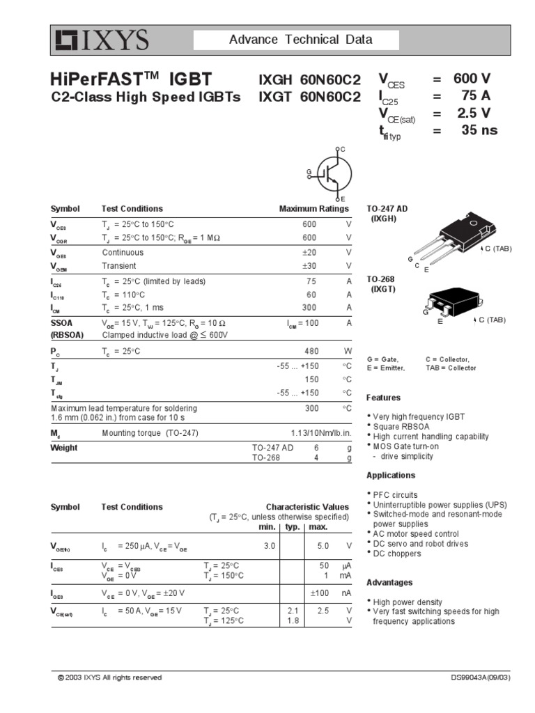Data Sheet IXYS IXGH60N60C2 Volt Power Supply
