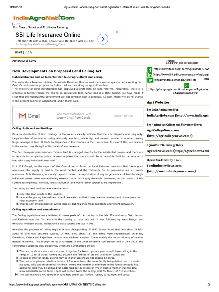 Agricultural Land Ceiling Act Economies Government