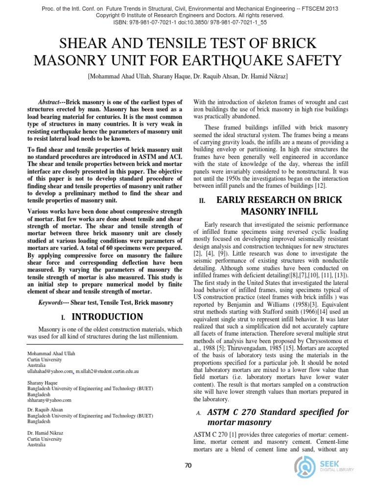 Shear and Tensile Test of Brick Masonry Unit For Earthquake Safety ...