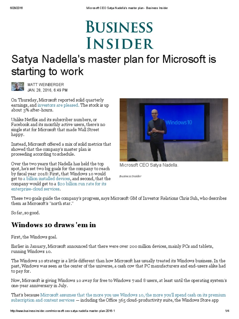 Microsoft CEO Satya Nadella's Master Plan - Business Insider PDF | PDF ...