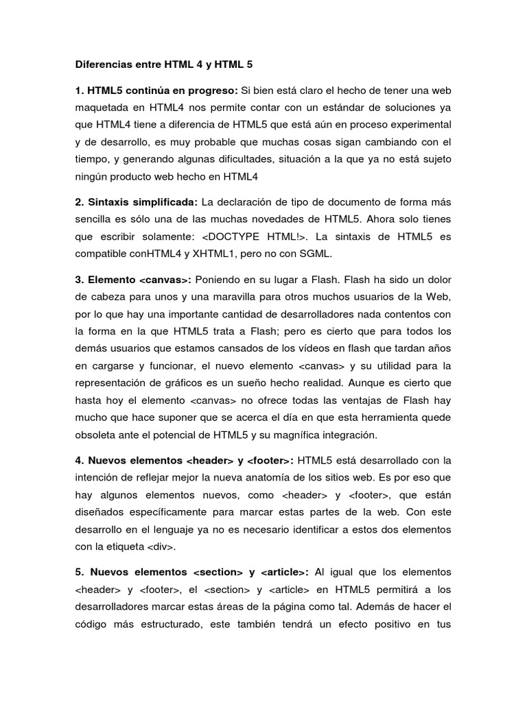 Diferencias Clave entre HTML4 y HTML5 | PDF | HTML5 | Red mundial