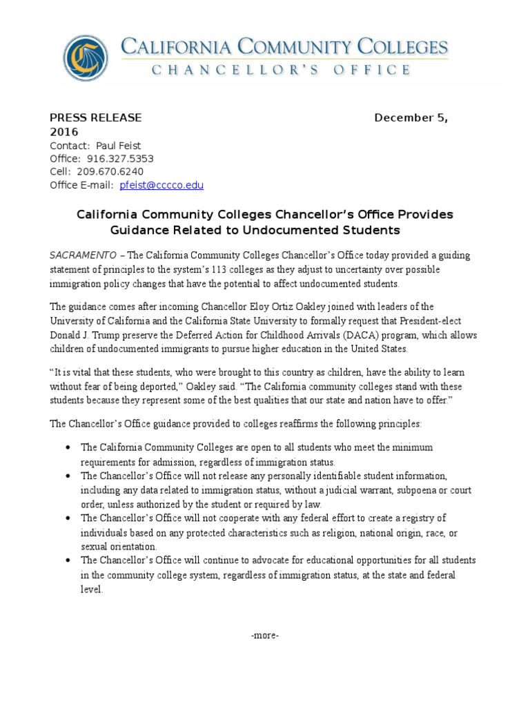 Press Release Principles 12-5-16 Final | PDF | Undocumented Students In ...