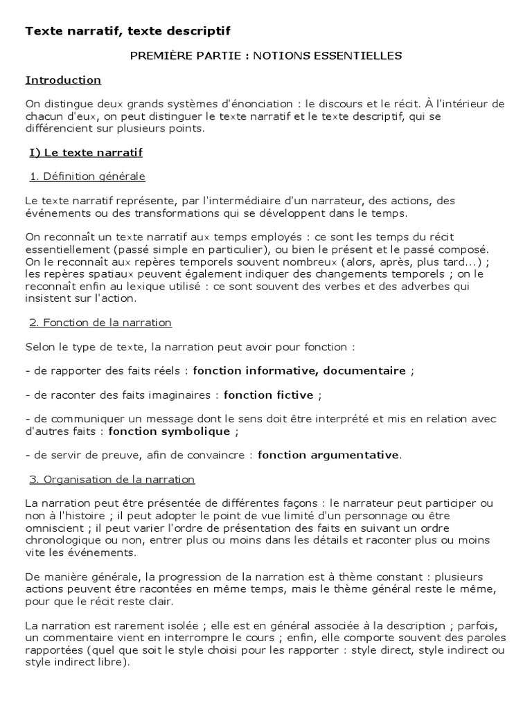 Texte Narratif Descriptif Pdf Narration Recit