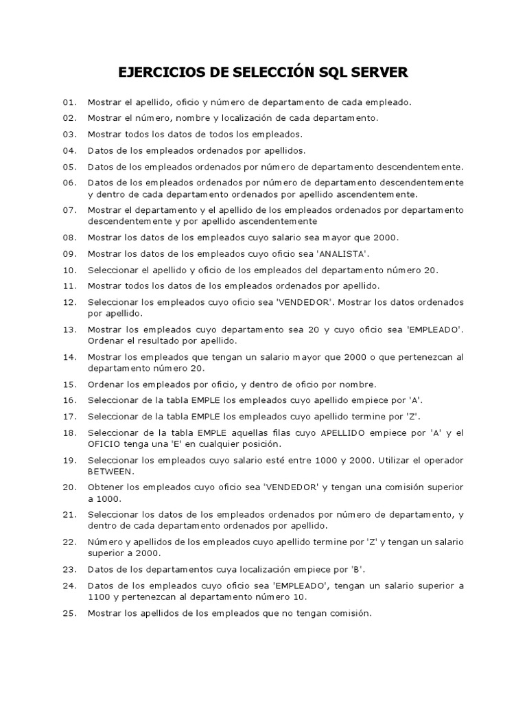 Ejercicios SQL Server para Empleados | PDF | Tabla (base de datos ...