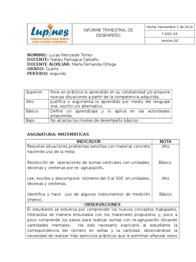 Informe Trimestral de Desempeño Escolar | PDF | Aprendizaje ...