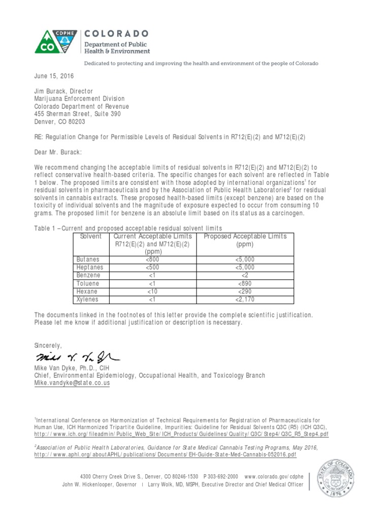 Colorado Residual Solvent Rule Change Letter