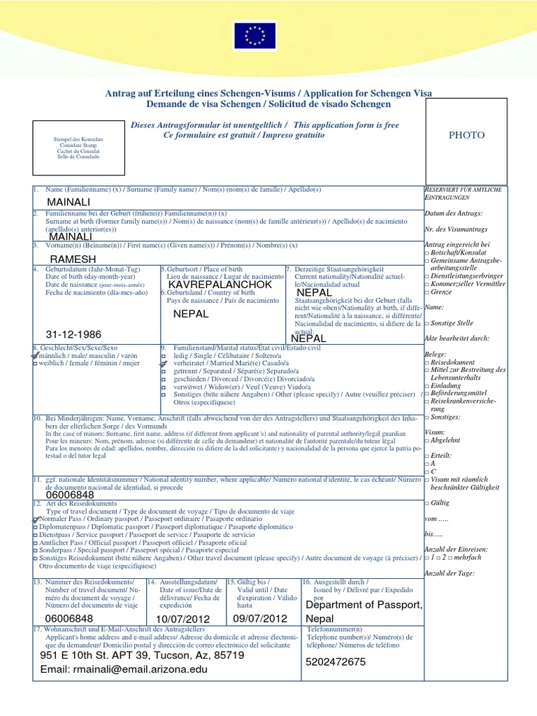Application For Schengen Visa Fill | PDF