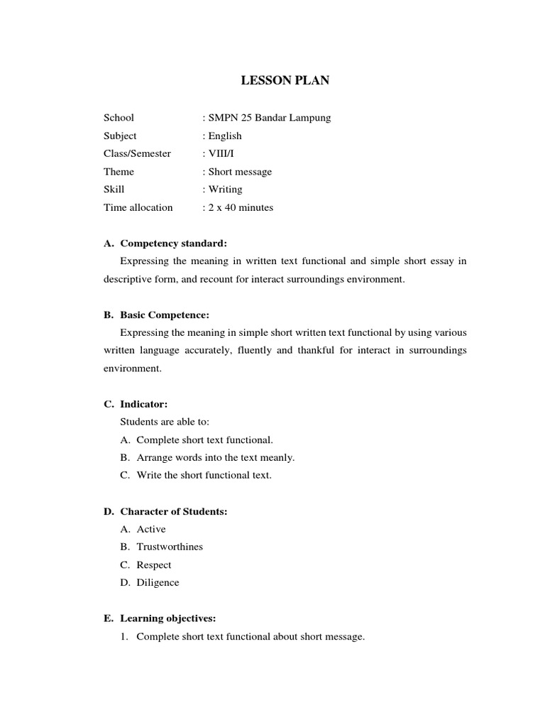 Short Message Writing Lesson Plan | PDF | Lesson Plan | English Language