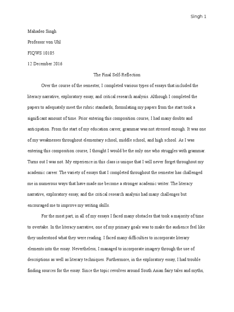 The Final Self Reflection Essays Narrative