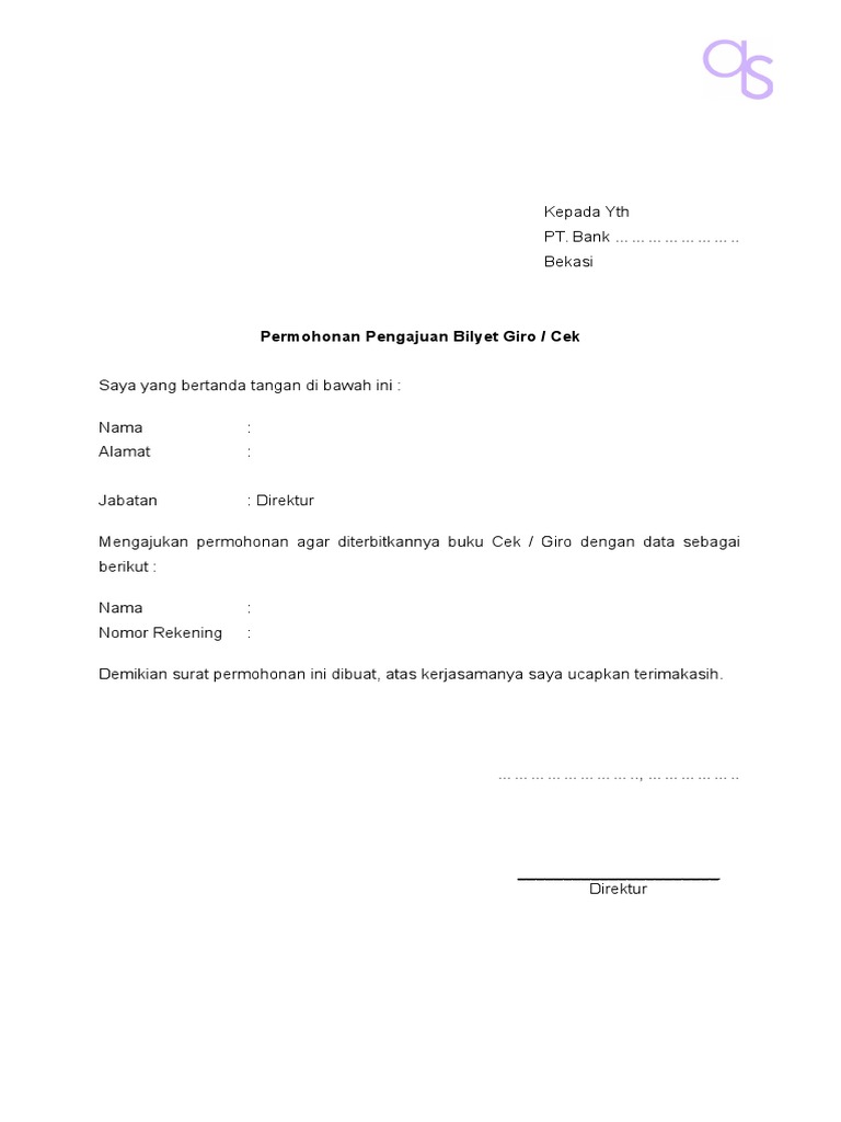Surat Permohonan Bilyet Giro Atau Cek Pdf