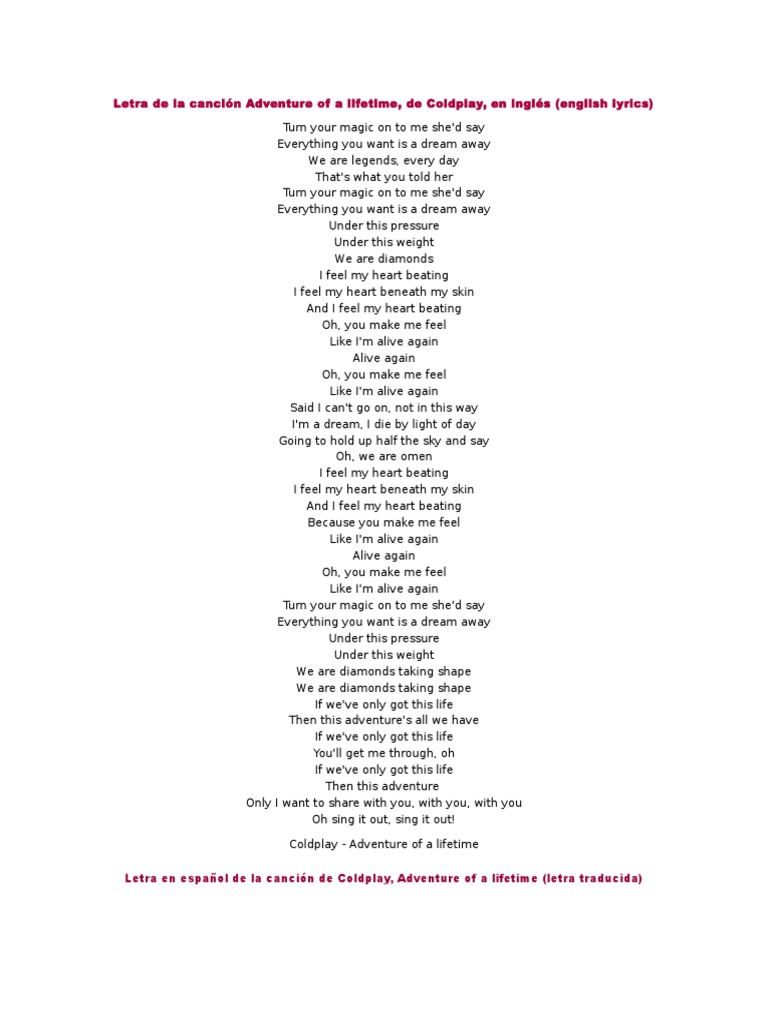 Letra de La Canción Adventure of A Lifetime | PDF | Ocio ...