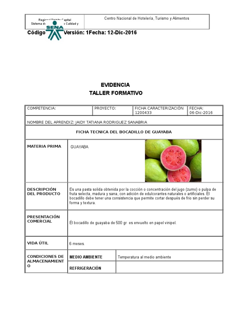 Ficha Tecnica Bocadillo de Guayaba 1200433 Alimentos Agua