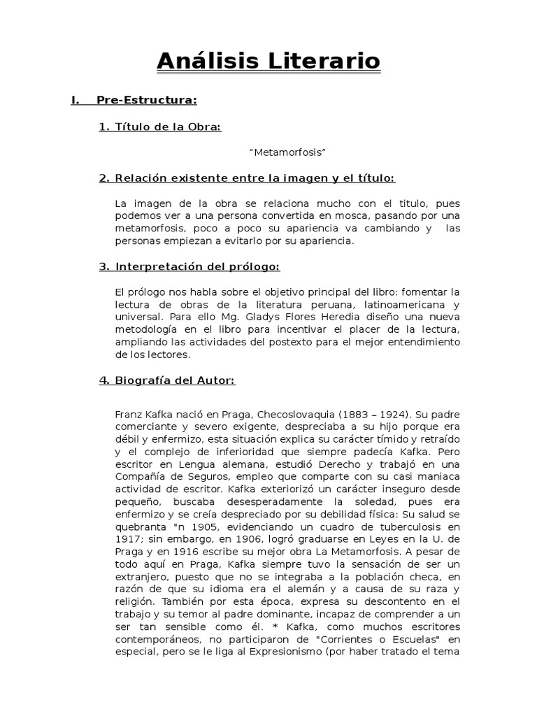Análisis Literario de Metamorfosis Franz Kafka Franz Kafka Ficción y literatura