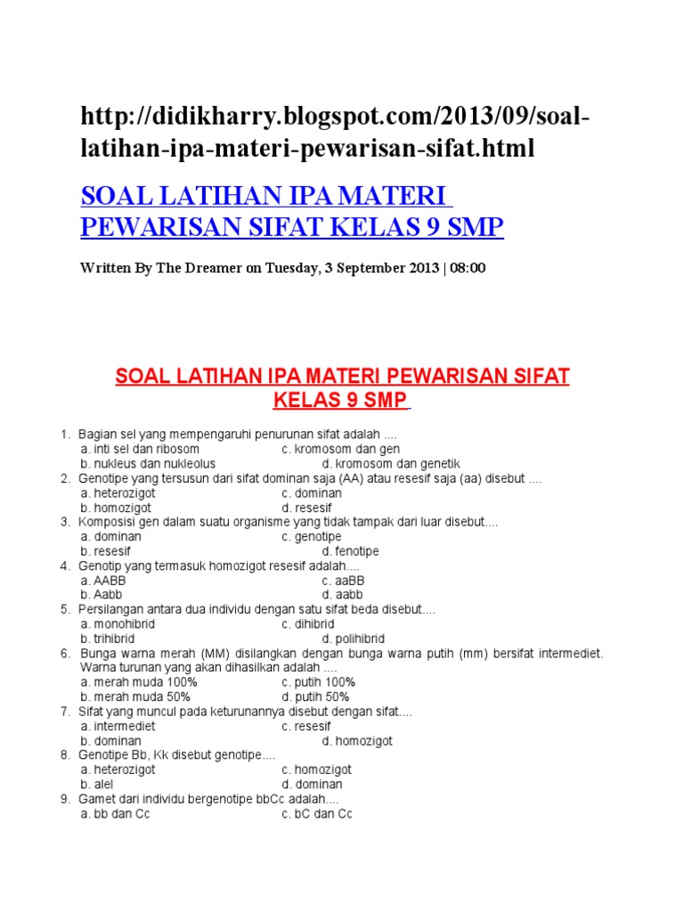 Soal Latihan Pewarisan Sifat Smp Kelas 9 Beserta
