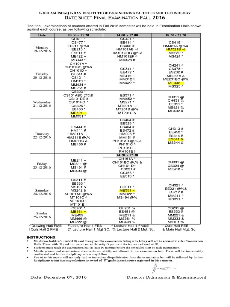 Final Date Sheet Fall 2016 | PDF | Technology & Engineering