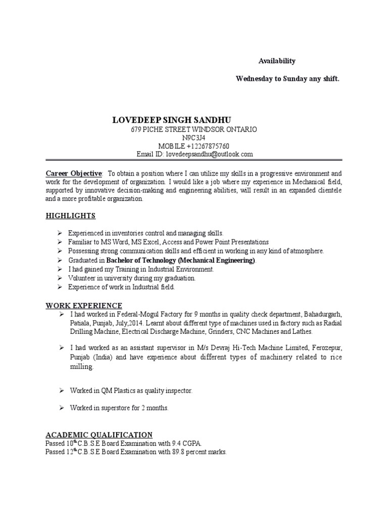 Lovedeep Singh Sandhu: Availability Wednesday To Sunday Any Shift | PDF ...